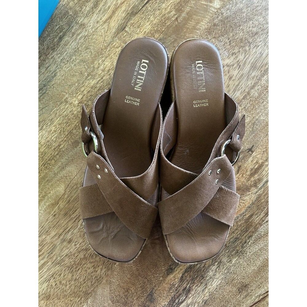 Lottini Made In Italy Suede Cross Strap Wedge Sandals Size 9 Brown